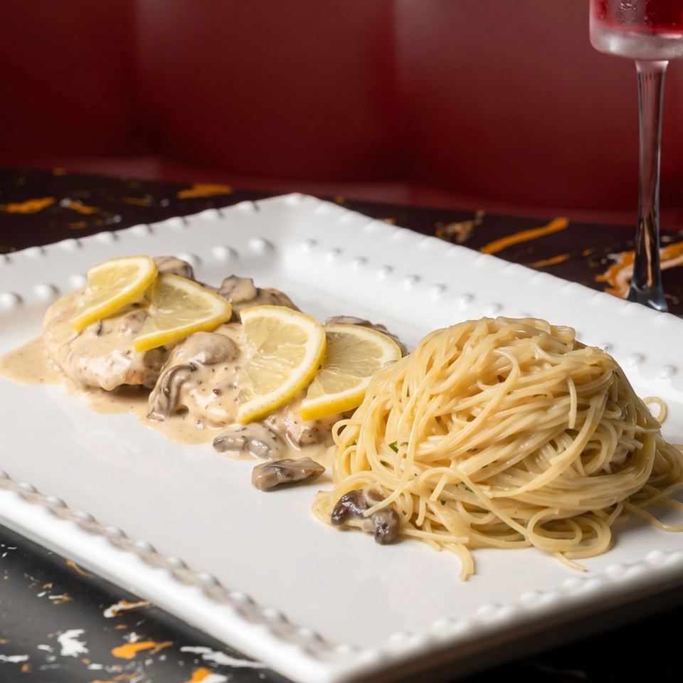 Chicken piccata with mushrooms and lemon slices, alongside spaghetti, on a white rectangular plate.