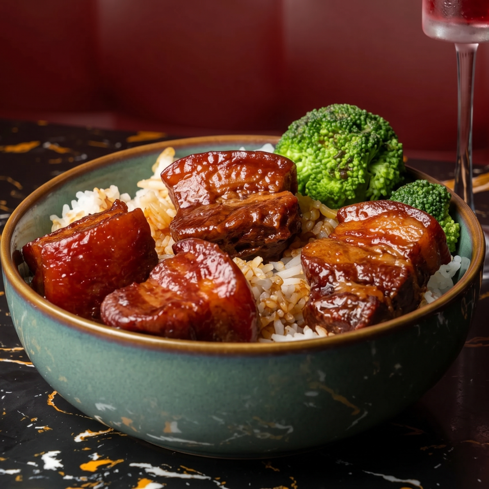 Braised pork belly with rice and broccoli in a teal bowl on a marble table.