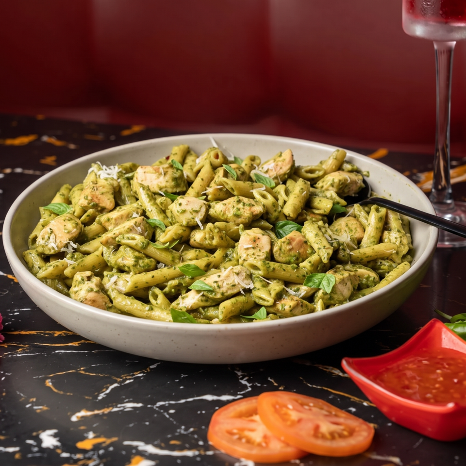 Pesto chicken pasta with fresh basil, parmesan, a side salad, and a red drink.