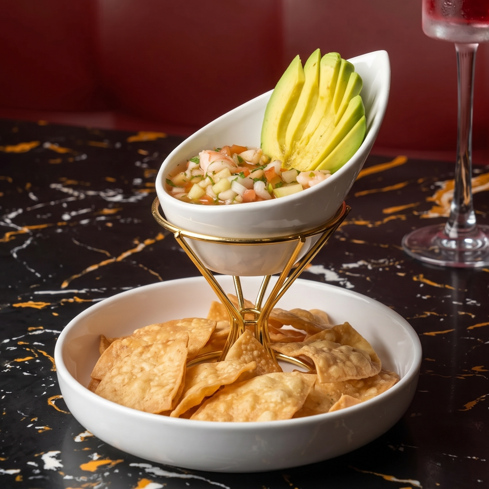 Ceviche with sliced avocado and tortilla chips in a tiered white bowl on a marble table.
