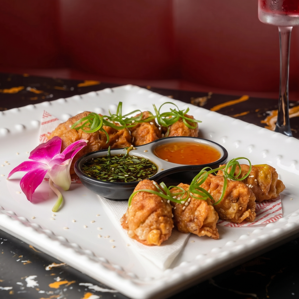 Fried dumplings with green onions, sesame seeds, two dipping sauces, and an orchid on a white plate.