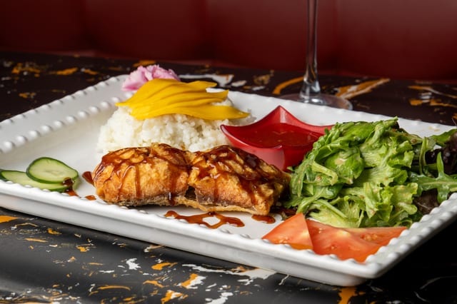 Teriyaki Salmon & Steamed Rice.